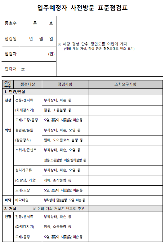 입주 사전방문 표준점검표